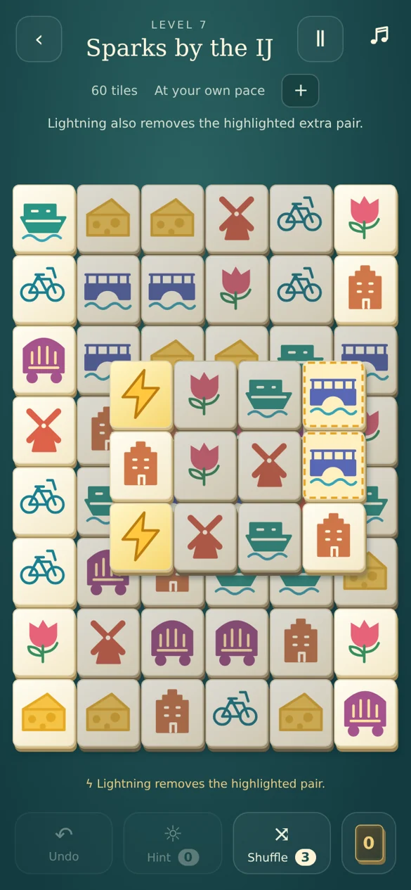 Actual MOA gameplay: a board of Amsterdam-themed Mahjong tiles.